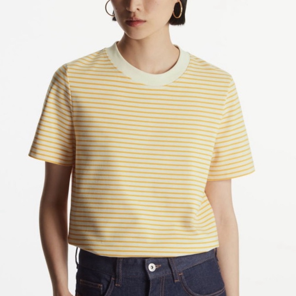COS Clean Cut Boxy-Fit Heavyweight Crew Neck T-Shirt Yellow Striped Women’s XS
